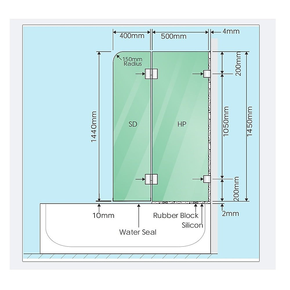 90cm Frameless Glass Bath Screen Brass F-Brackets in Nickel for Stylish Bathroom Upgrade