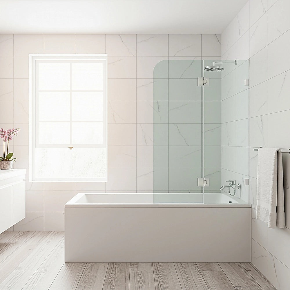 90cm Frameless Glass Bath Screen Brass F-Brackets in Nickel for Stylish Bathroom Upgrade