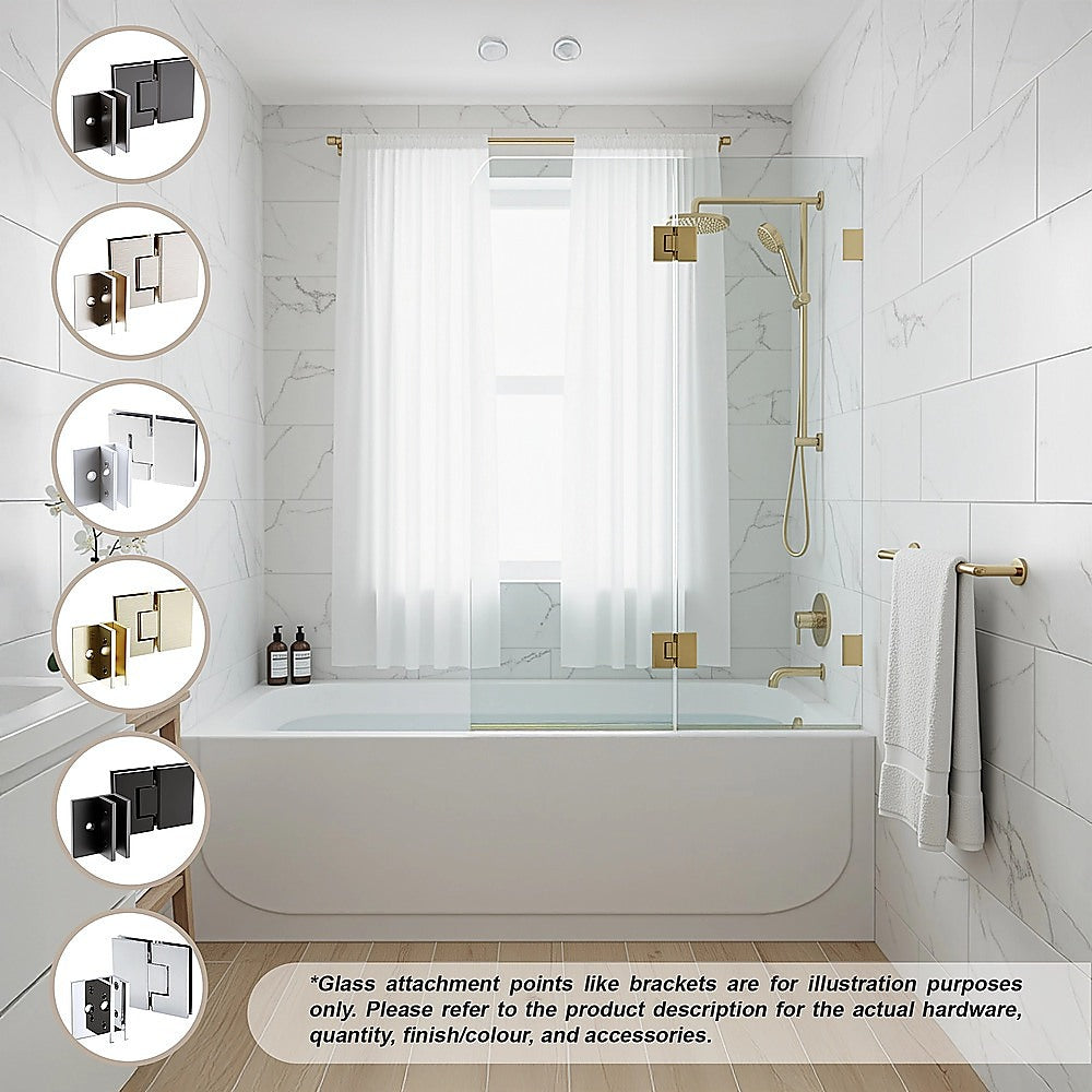 90cm Frameless Glass Bath Screen Brass F-Brackets in Nickel for Stylish Bathroom Upgrade