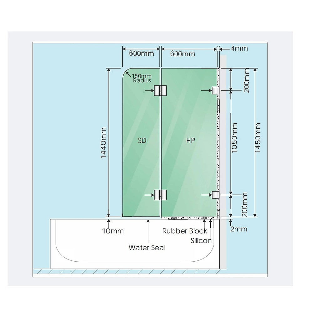 120cm Frameless Glass Bath Screen – Wall Channel with Brass Hinges in Gold Finish