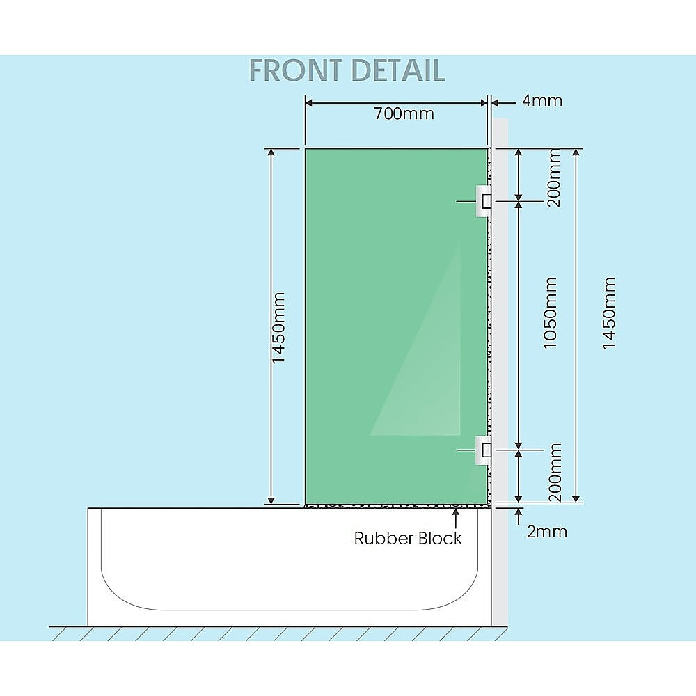 70cm Frameless Swing Bath Screen – Black Hardware with Stainless steel hinge for Modern Bathrooms