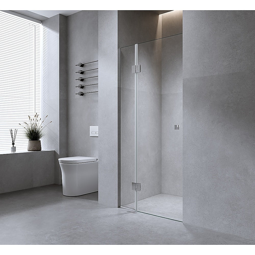 100cm Wall-to-Wall Frameless Shower Screen – Gunmetal Wall Channel with Brass Hinges & Square Knob Handle