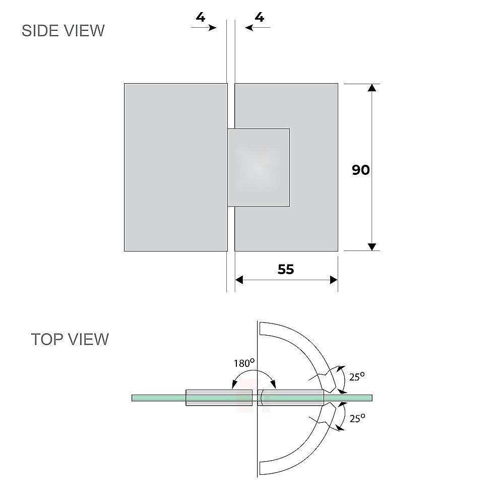 110x90cm Corner Frameless Shower Screen with Gunmetal Brackets and Brass Hinges, Square Knob Handle