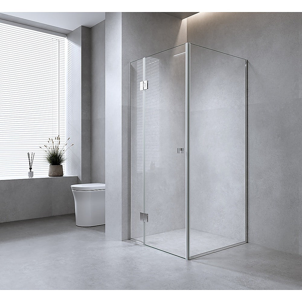 100x90cm Corner Frameless Shower Screen – White Wall & Floor Channel with Brass Hinges & Square Double Pull Handle