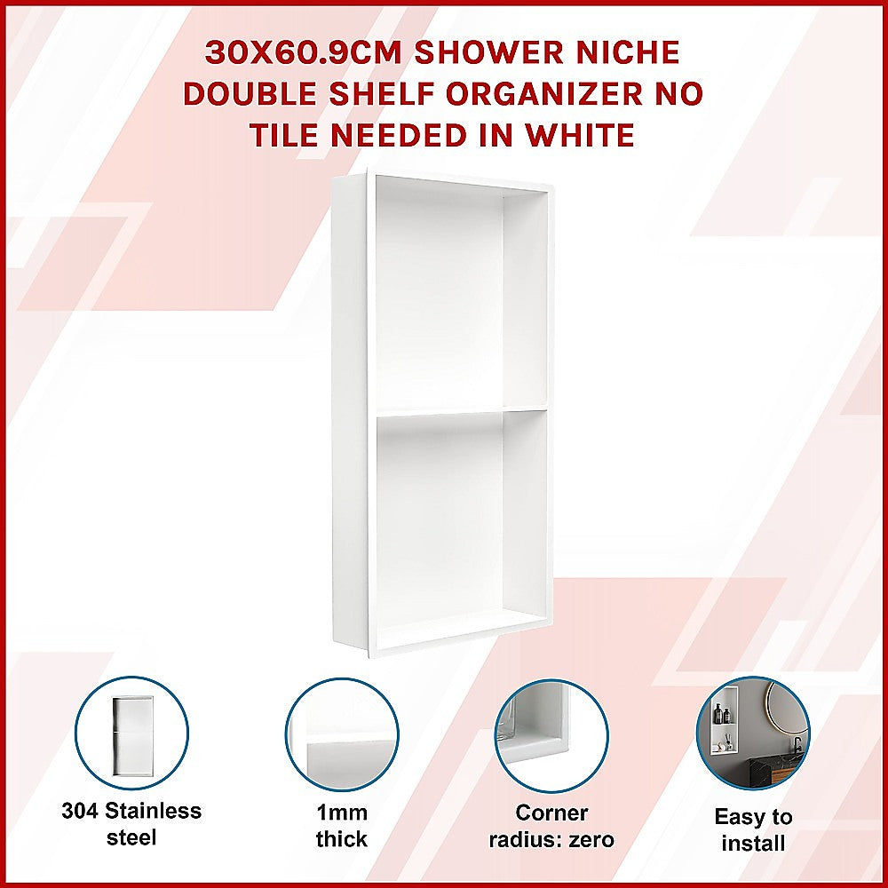 641 x 336 x 101mm Shower Niche Double Shelf Organizer No Tile Needed in White
