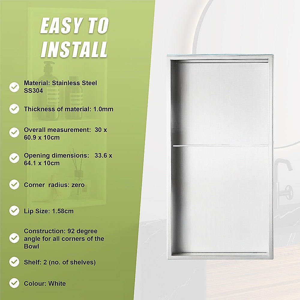 641 x 336 x 101mm Shower Niche Double Shelf Organizer No Tile Needed in White