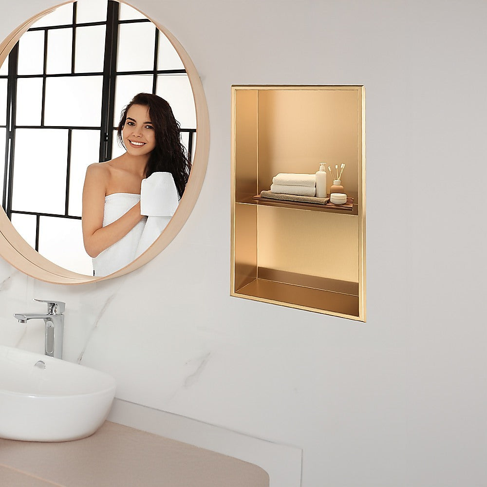 641 x 336 x 101mm Shower Niche Double Shelf Organizer No Tile Needed in Gold