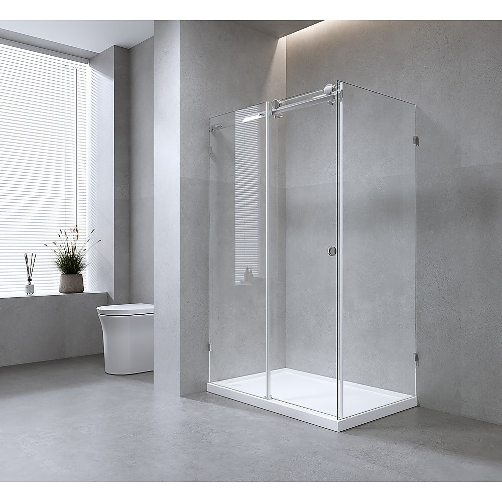 170x90cm Frameless Glass Sliding Corner Shower – With Gunmetal Rail and U-Brackets for Contemporary Bathrooms