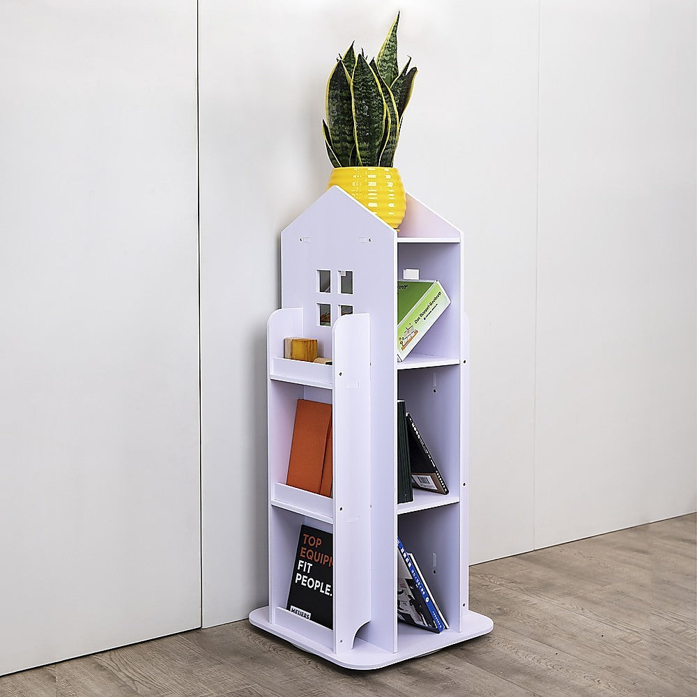 Rotating Bookcase Bookshelf Kid's Book Organiser Rack Wooden Castle Display Shelf