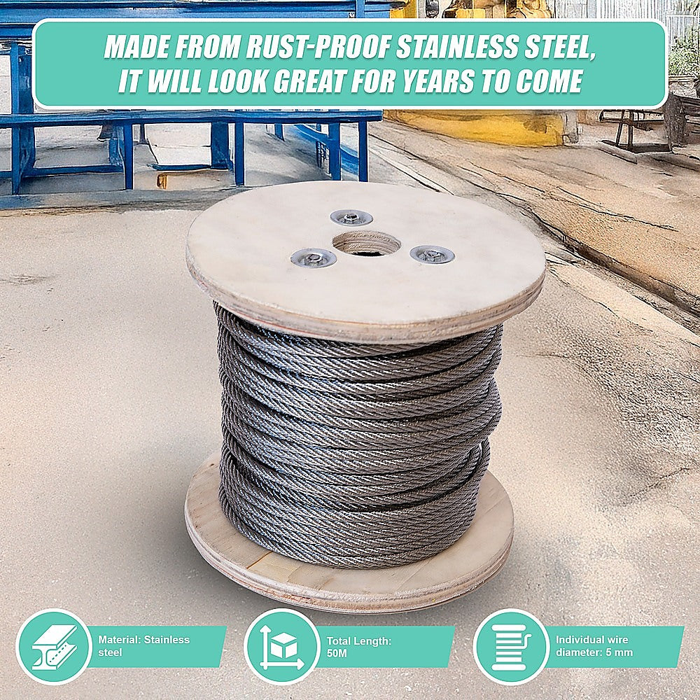 50m Stainless Steel Wire Rope Cable 5mm 316 A4 7x7 Balustrade Fence
