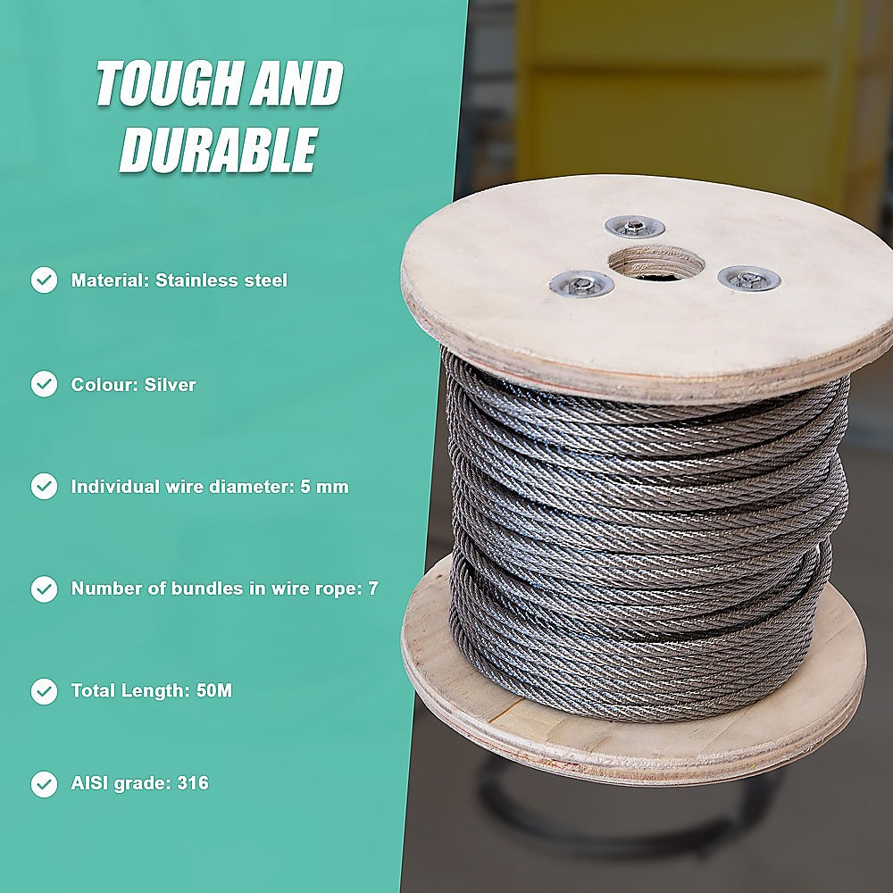 50m Stainless Steel Wire Rope Cable 5mm 316 A4 7x7 Balustrade Fence