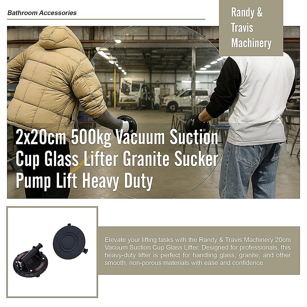 2x20cm 500kg Vacuum Suction Cup Glass Lifter Granite Sucker Pump Lift Heavy Duty