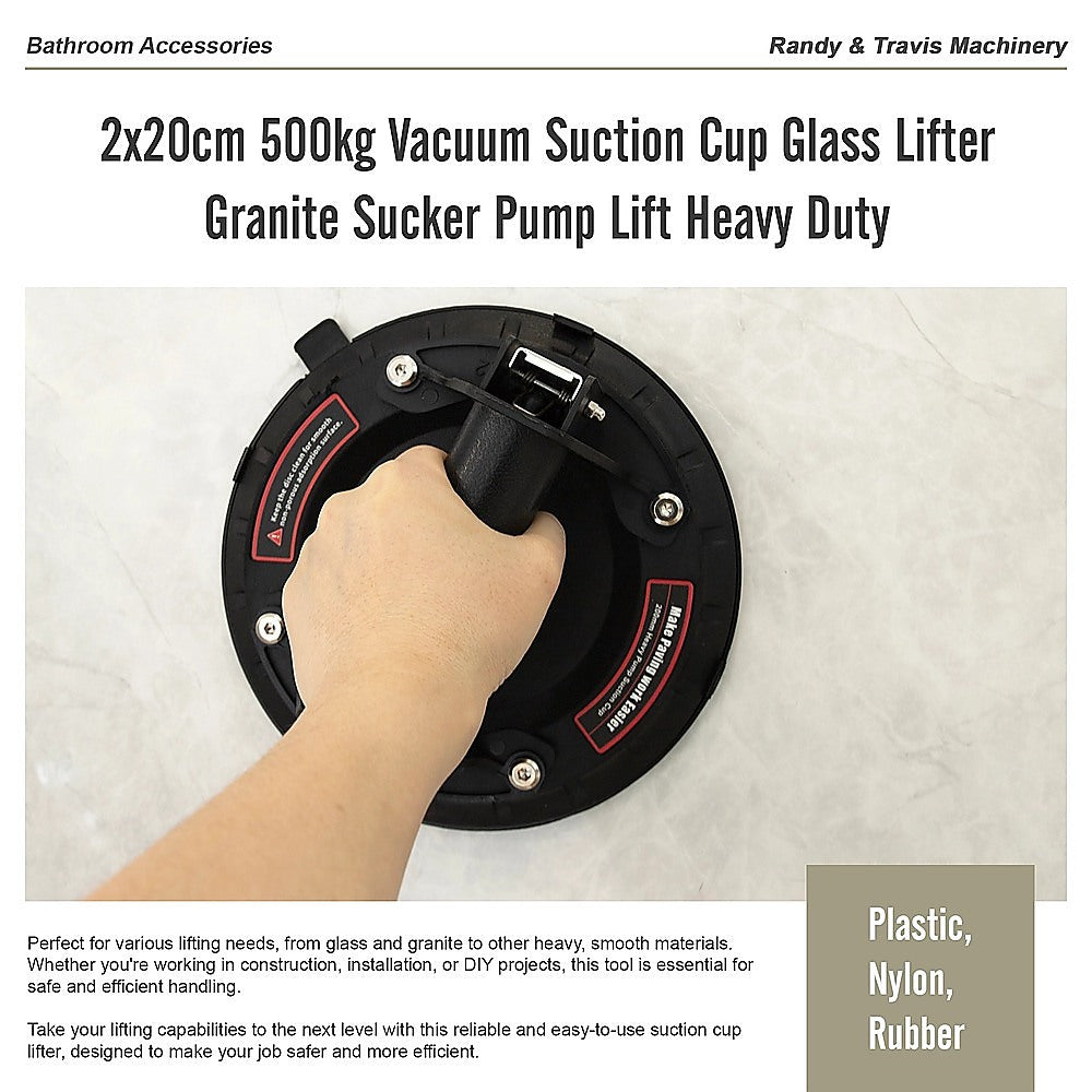 2x20cm 500kg Vacuum Suction Cup Glass Lifter Granite Sucker Pump Lift Heavy Duty