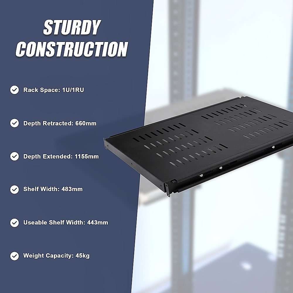 1U Sliding Server Rack Shelf 26 Inch Deep Vented for 19 Inch Cabinet