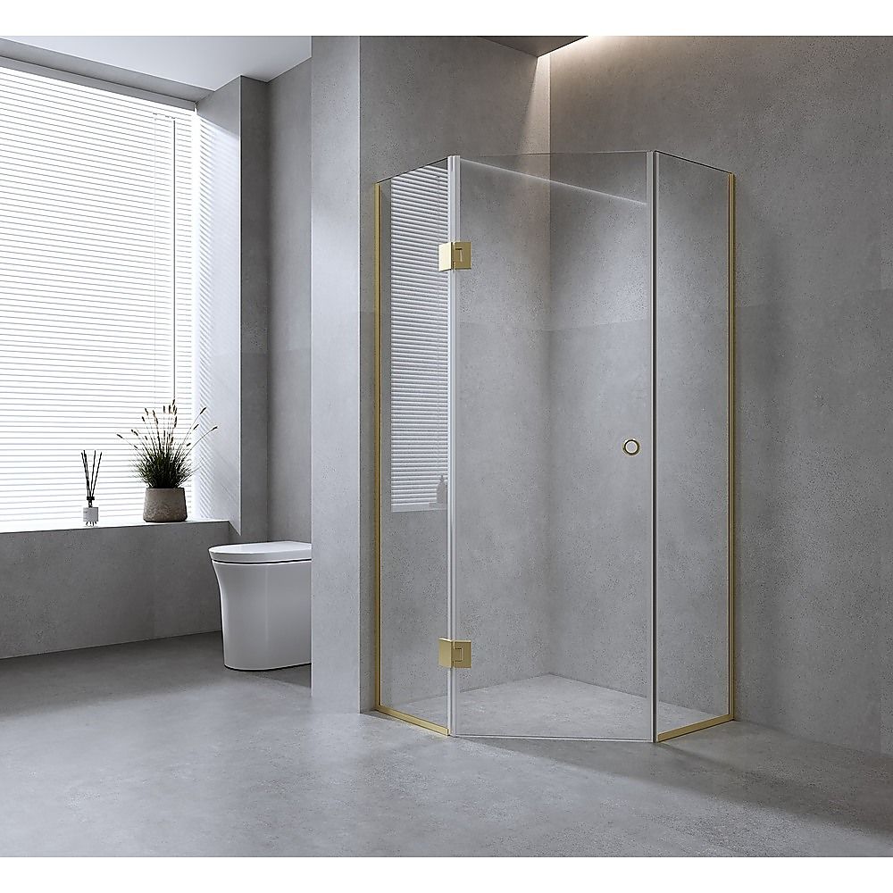 90cm Frameless Diamond Shower Screen with Gold Channels and SS Hinges