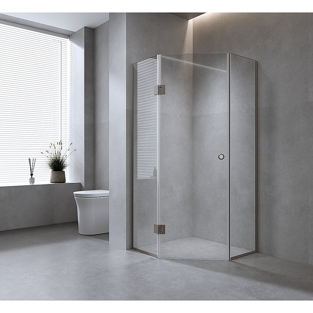 100cm Frameless Diamond Shower Screen with White Channels and Brass Hinges & Round Handle