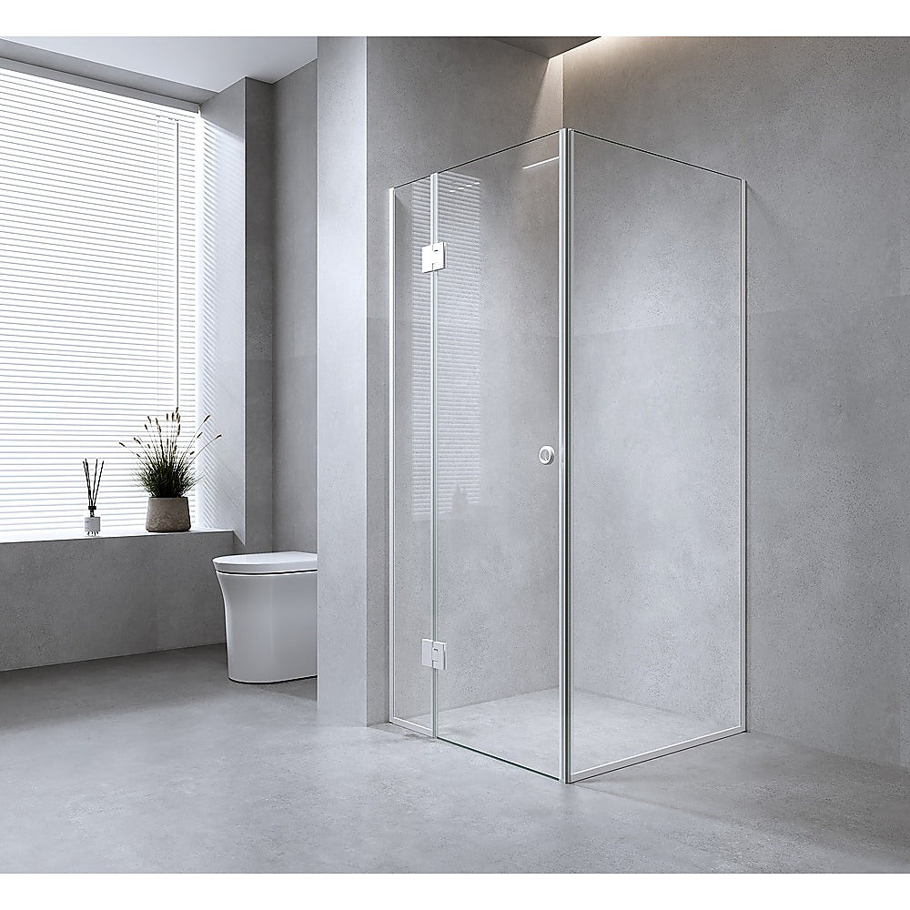 100x100cm Corner Frameless Shower Screen with Gunmetal Channel and SS Hinges, Round Handle