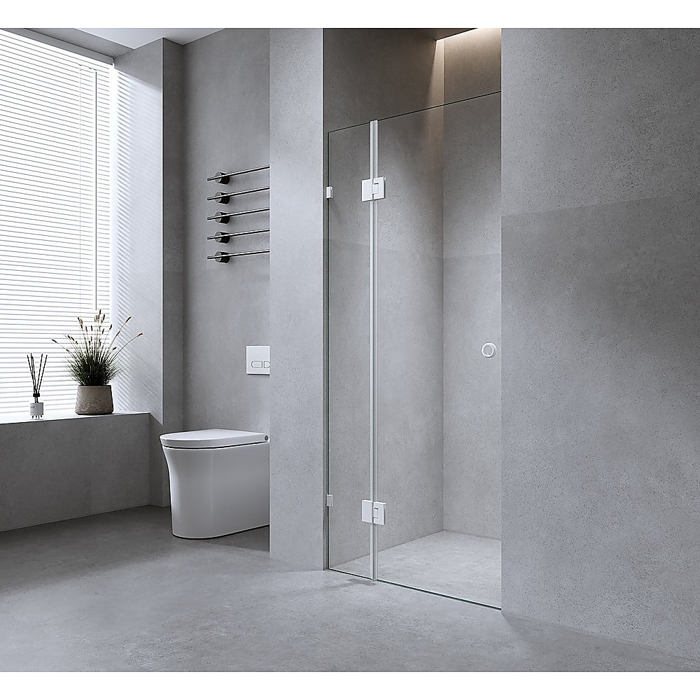 90cm Wall to Wall Frameless Shower Screen with Gunmetal Brackets and SS Hinges, Round Handle