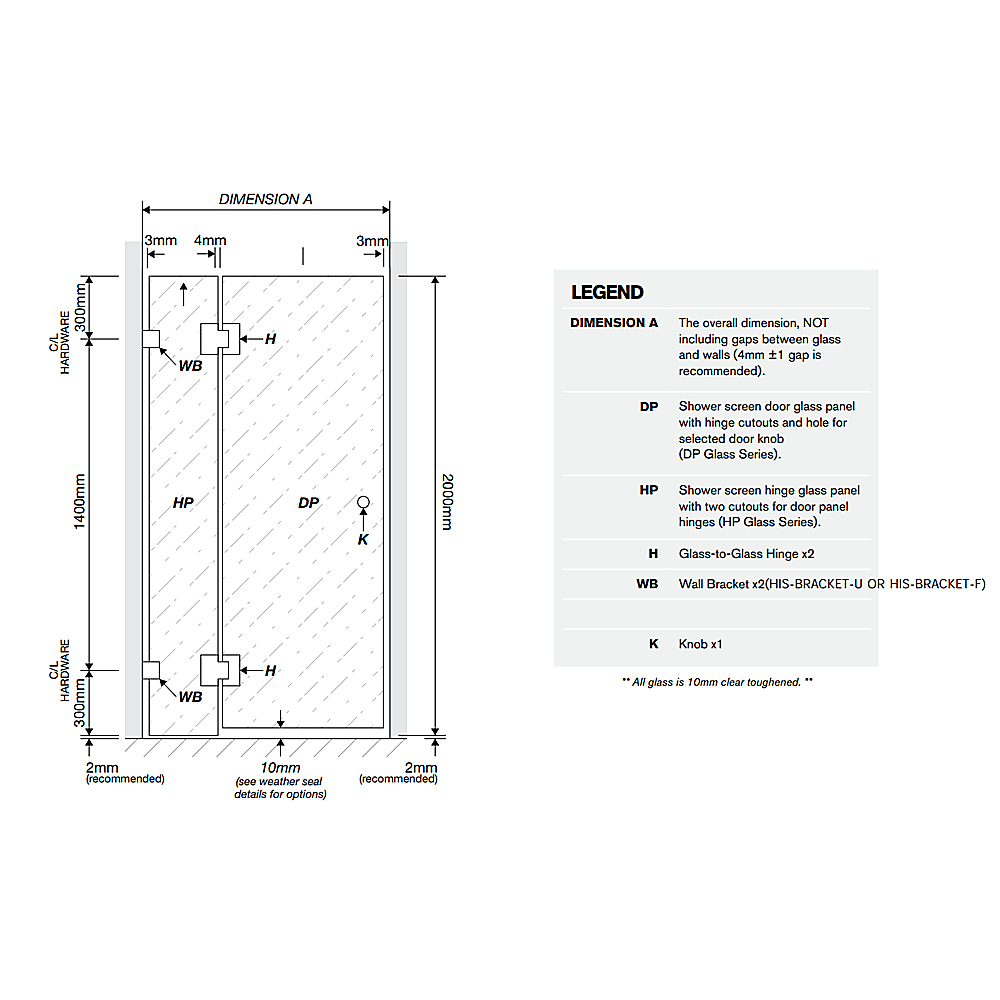 110cm Wall-to-Wall Frameless Shower Screen with Nickel Brackets, SS Hinges & F-Brackets