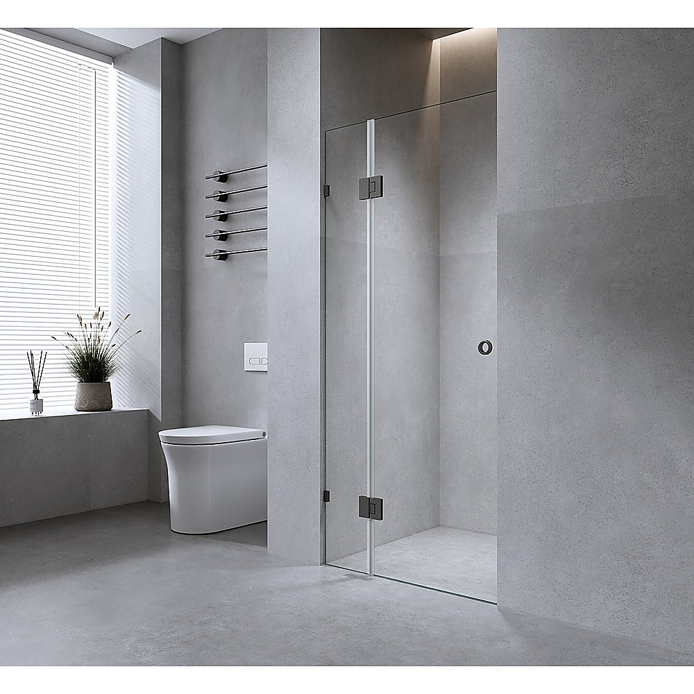90cm Frameless Wall-to-Wall Shower Screen with Black Brackets & Brass Hinges – Wall F-Brackets