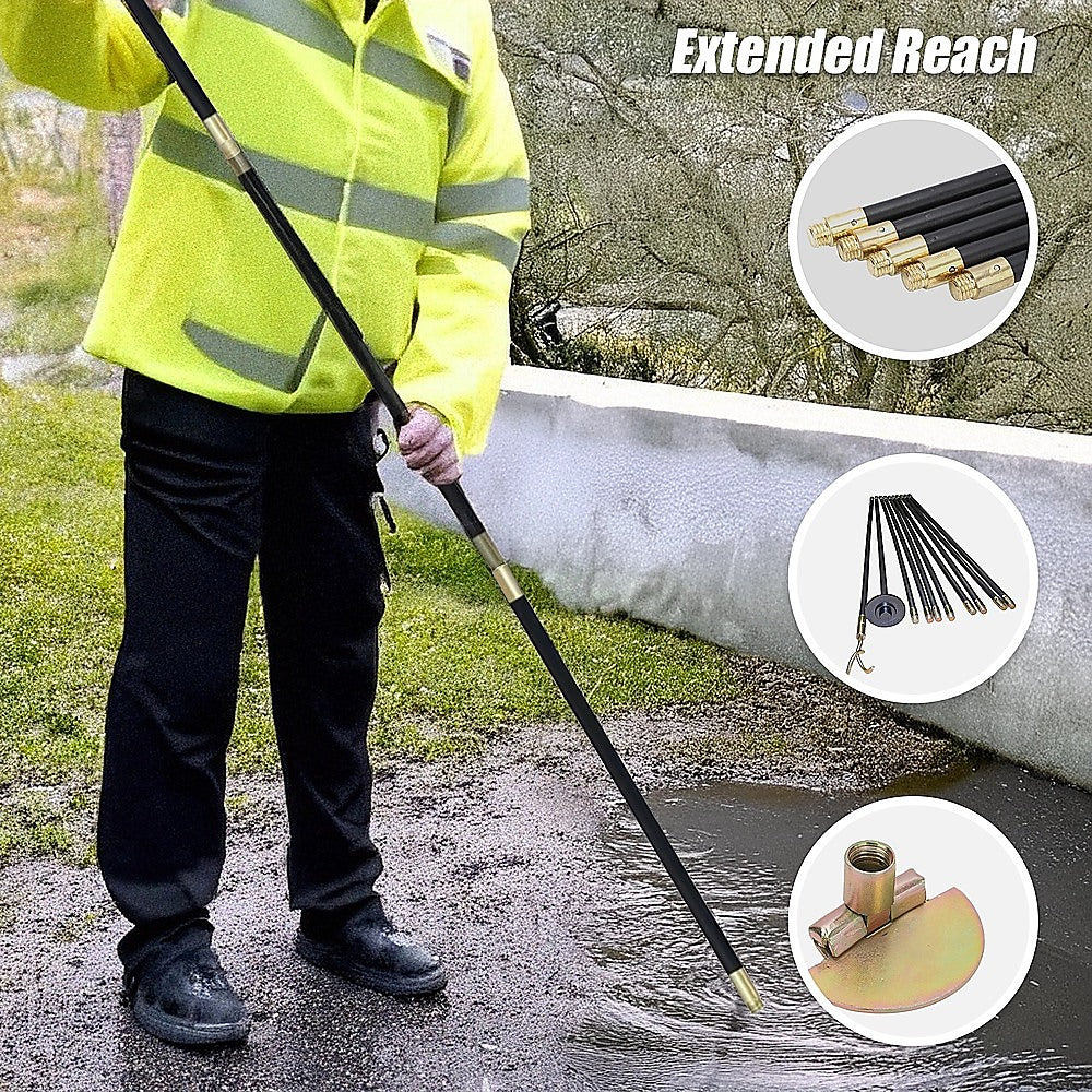 9m Drain Rod Set Kit Plunger Worm Scraper Cleaning Rods Rodding Carry Bag