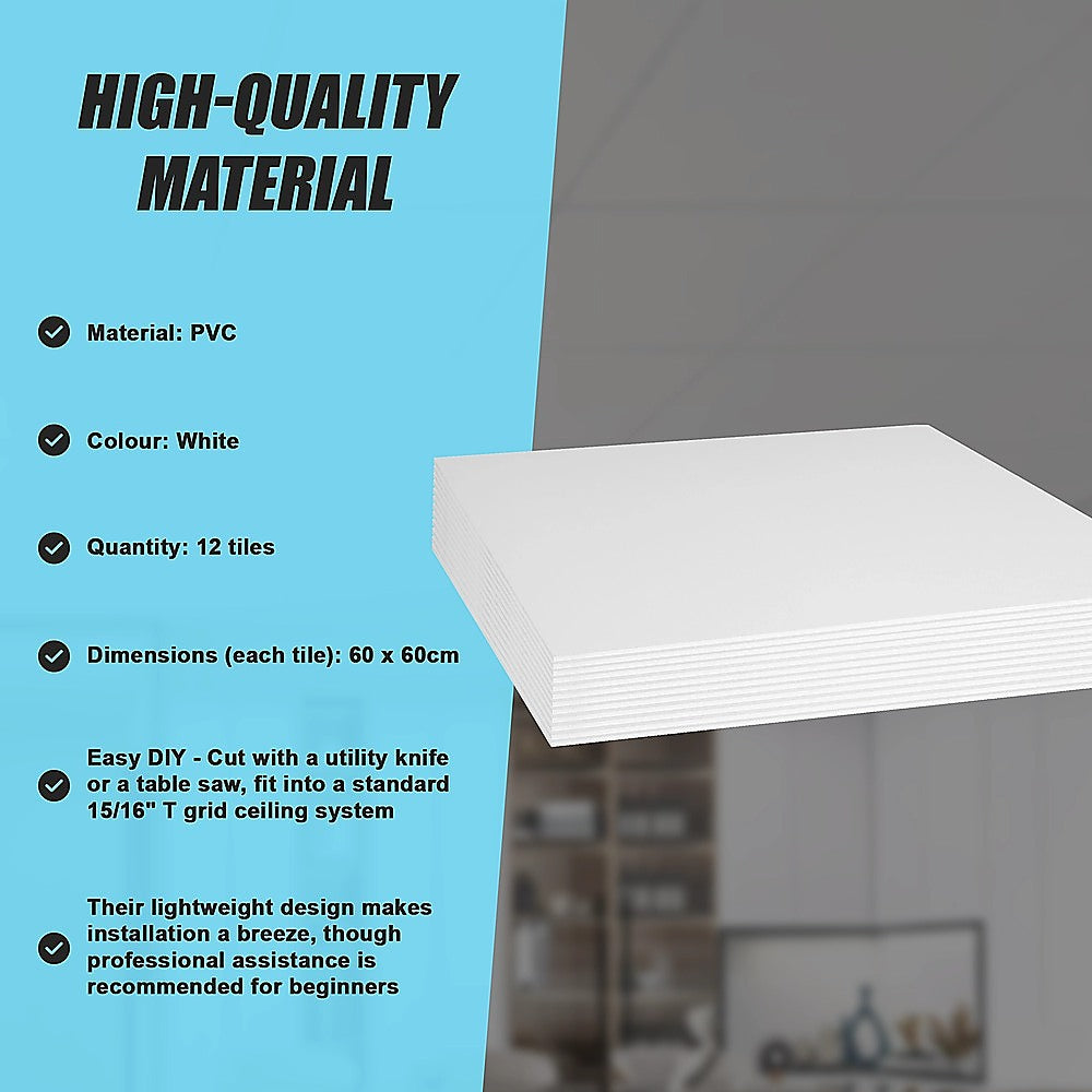 12x Smooth Drop Ceiling Tile 2ft x 2ft PVC Ceiling Panel
