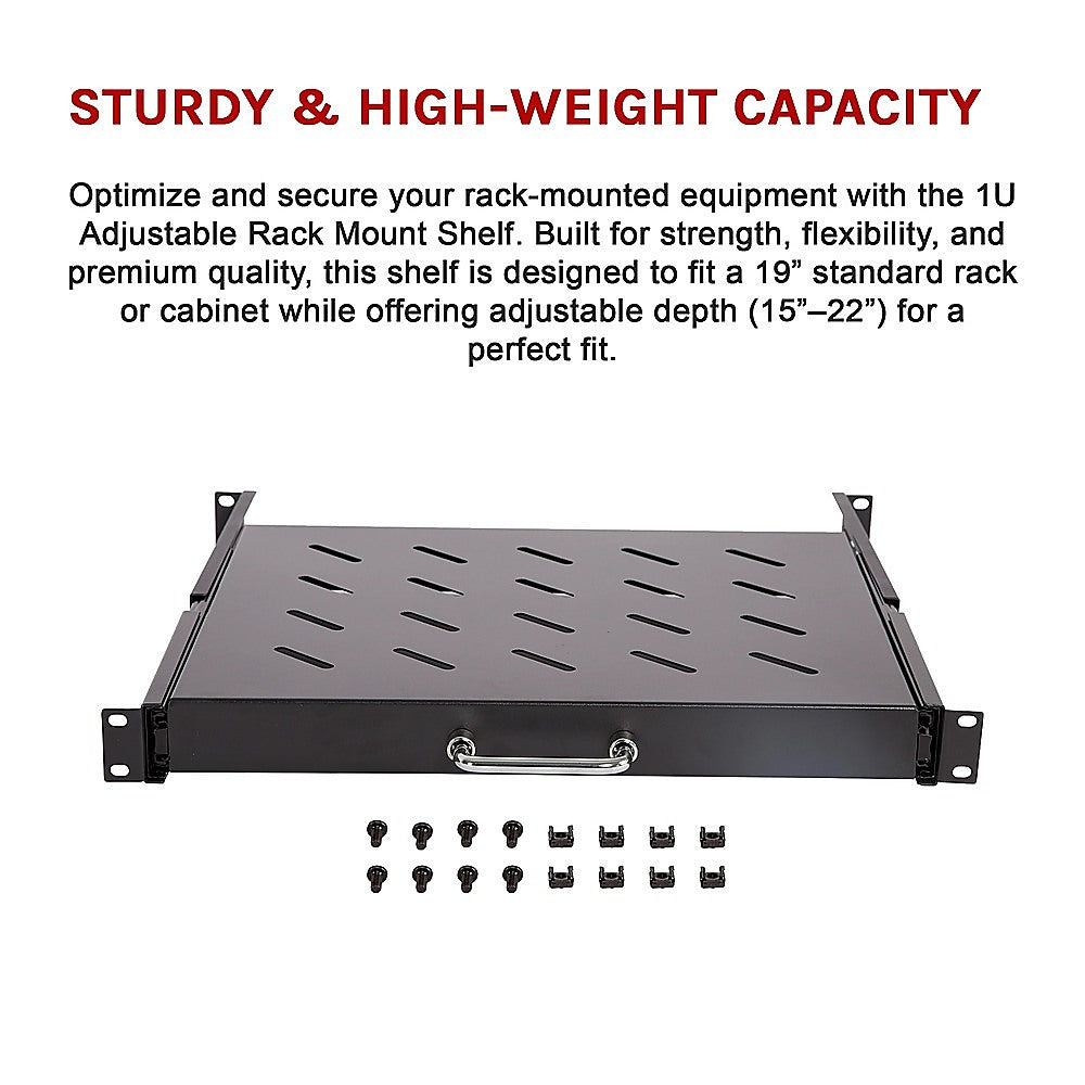 Sliding Rack Server Shelf 1U 19" 4 Post Mount – Adjustable 15" to 22" Rack Tray