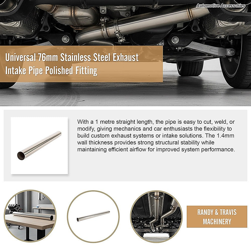 Universal 76mm Stainless Steel Exhaust Intake Pipe Polished Fitting