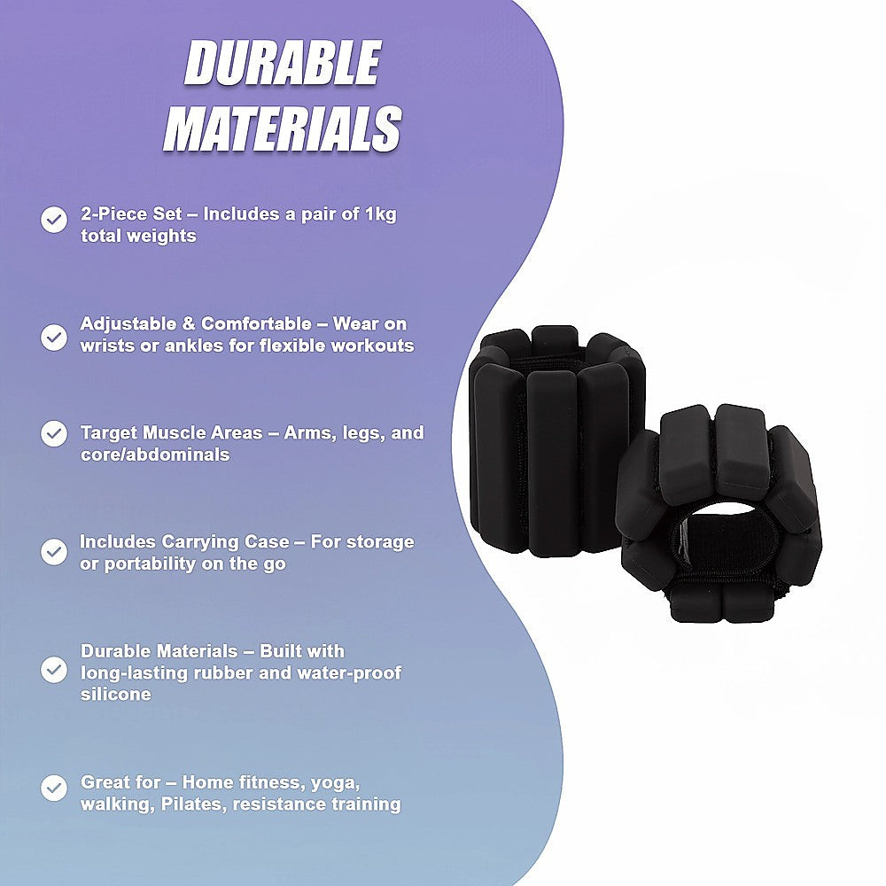 2-Piece Ankle & Wrist Weights – 1kg Pair Adjustable Workout Bangles (Black)