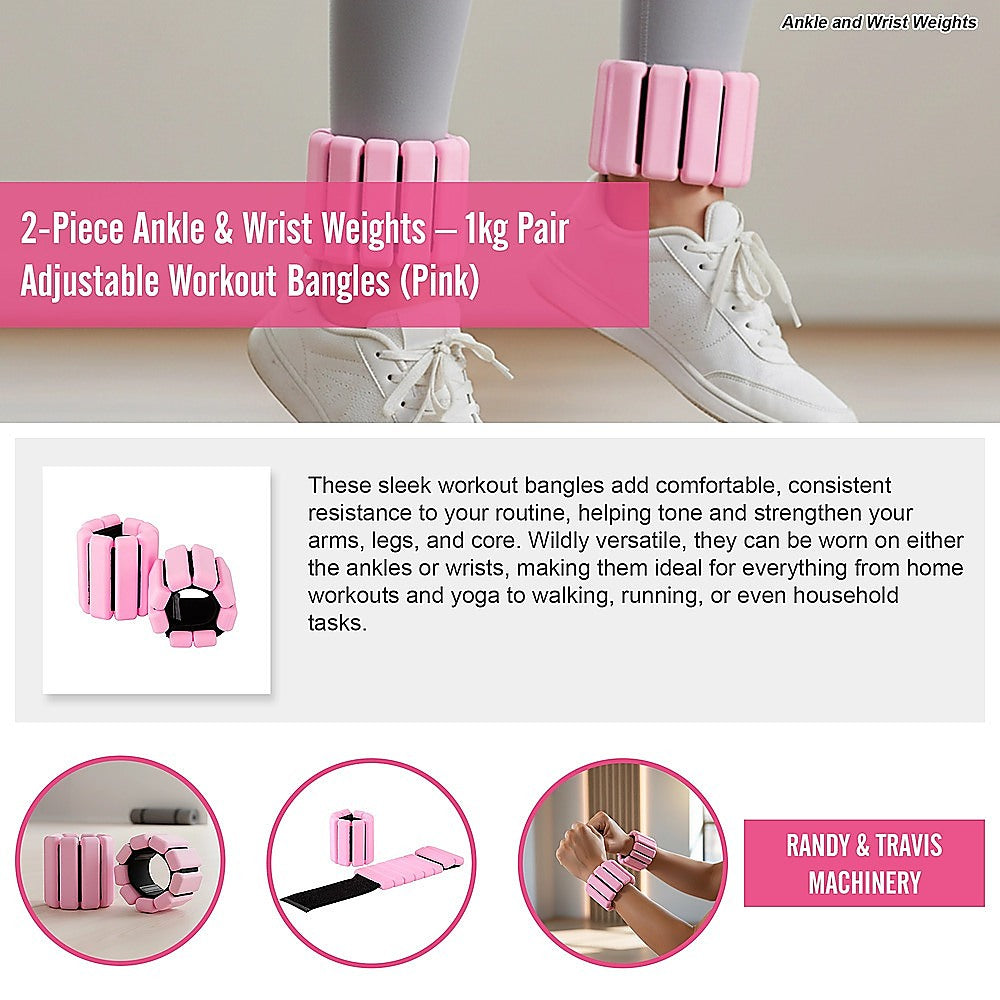 2-Piece Ankle & Wrist Weights – 1kg Pair Adjustable Workout Bangles (Pink)