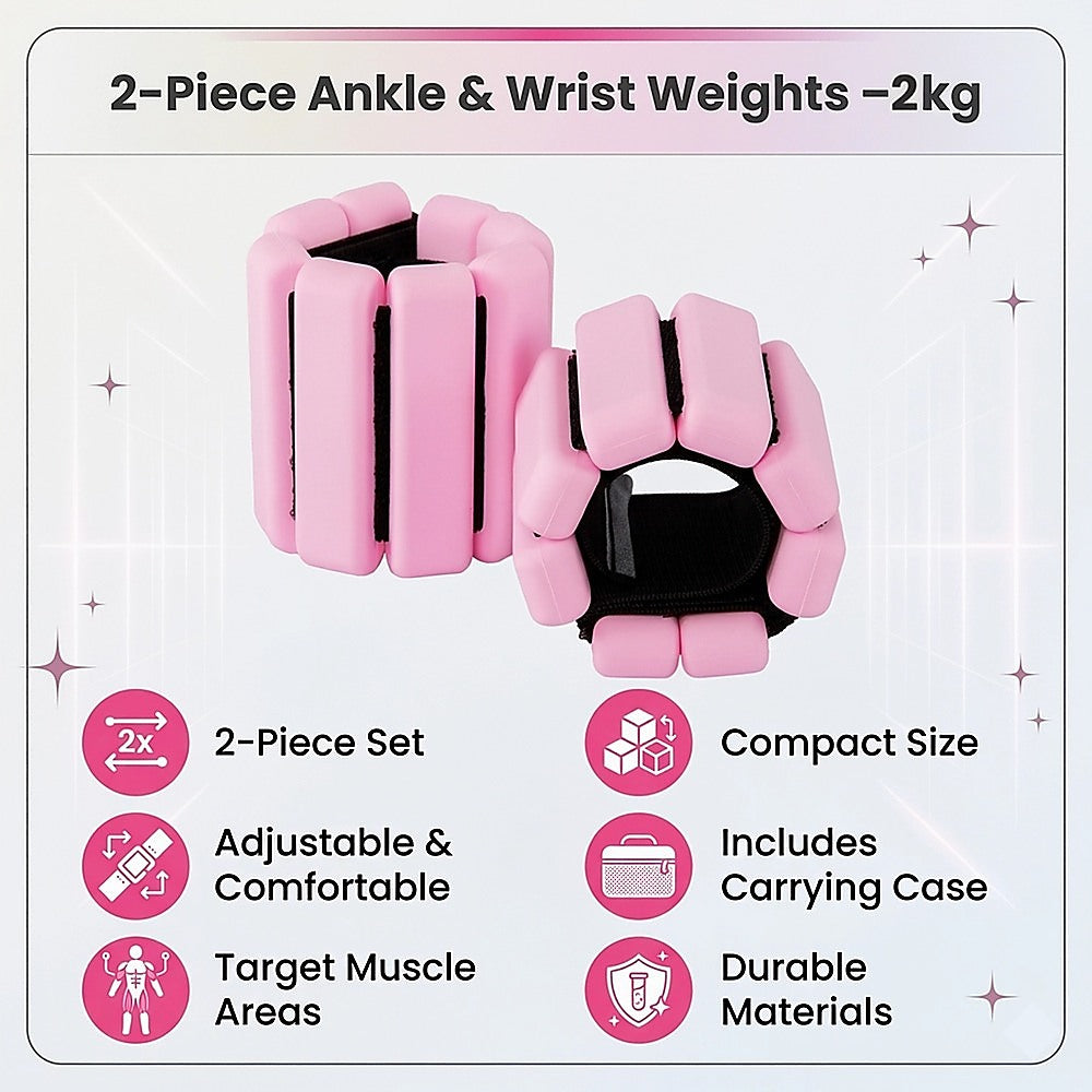 2-Piece Ankle & Wrist Weights – 2kg Pair Adjustable Workout Bangles (Pink)