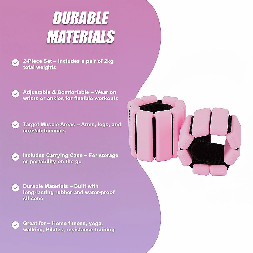 2-Piece Ankle & Wrist Weights – 2kg Pair Adjustable Workout Bangles (Pink)