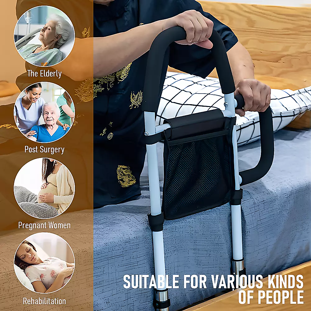 Adjustable Bed Rail – Bedside Handle with Storage Pocket & Safety Strap