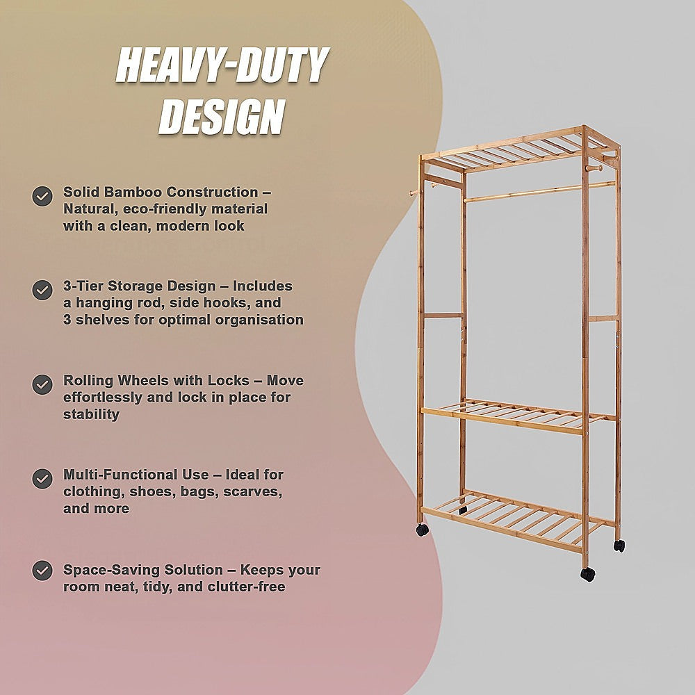 Wooden Clothes Rail with Shelves & Wheels – Open Wardrobe Rack Stand