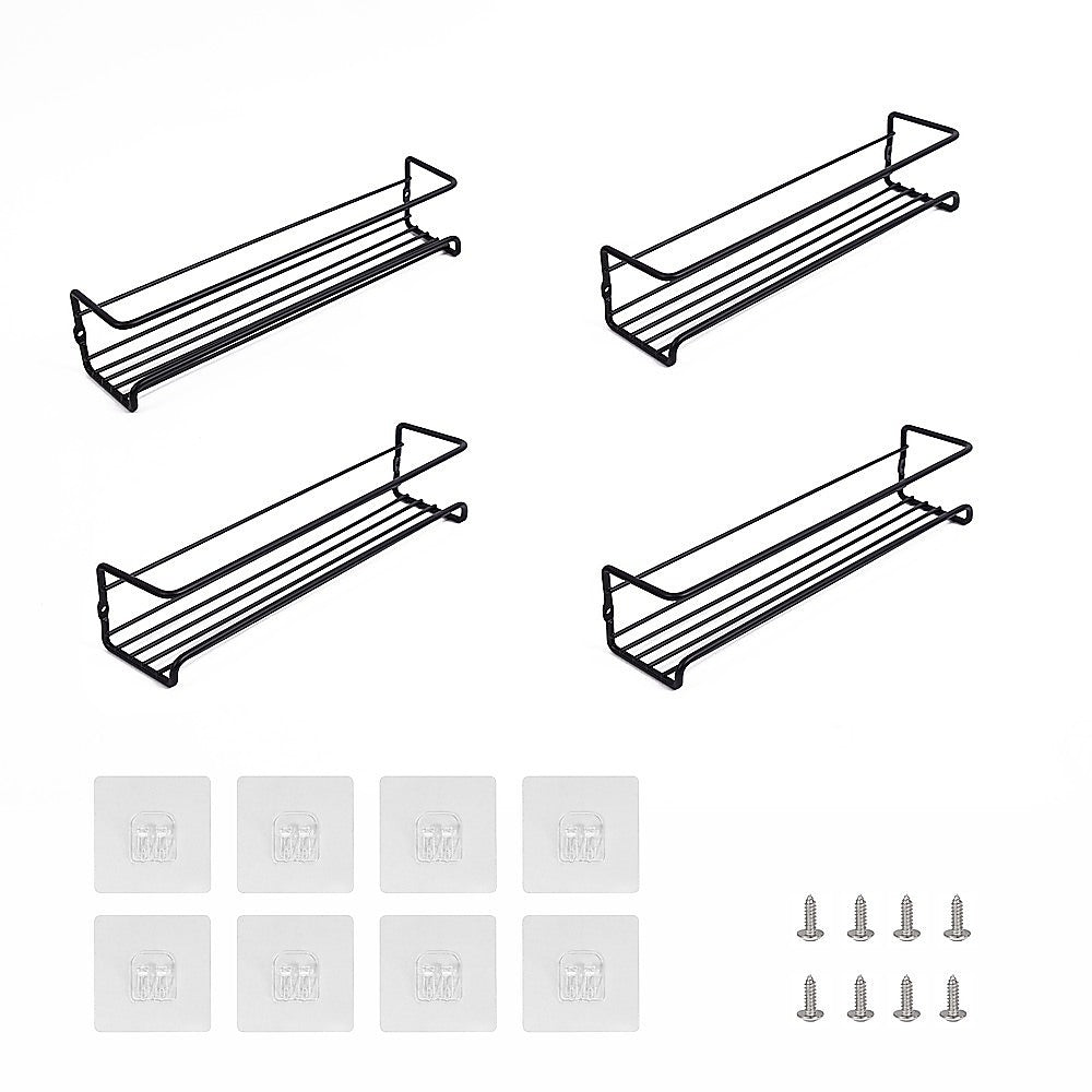 4pc Black Iron Wall Spice Rack – Kitchen Storage Shelf Set