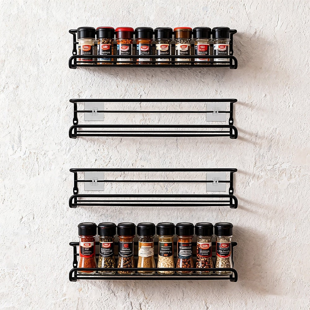 4pc Black Iron Wall Spice Rack – Kitchen Storage Shelf Set