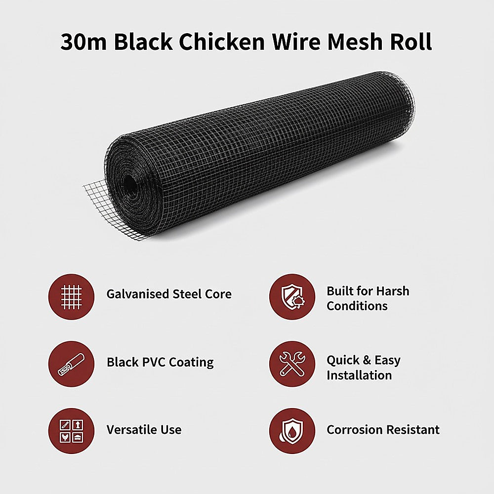30m Black Chicken Wire Mesh Roll – Heavy Duty Aviary Netting & Garden Fencing for Poultry Enclosures