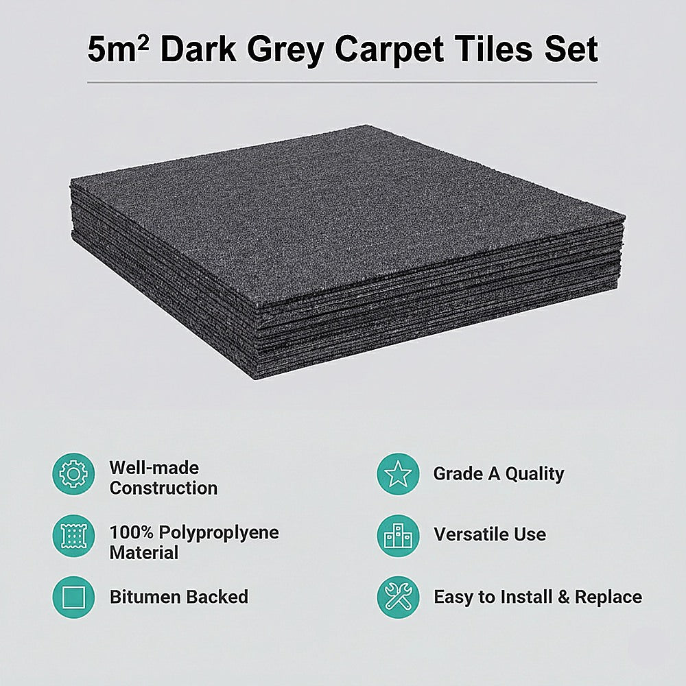 5m² Dark Grey Carpet Tiles Set – Commercial & Domestic Flooring for Office, Retail, Home