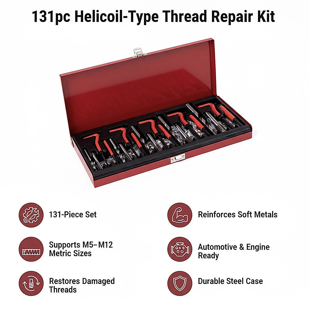 131pc Helicoil-Type Thread Repair Kit – Metric Insert Tool Set for Damaged Threads