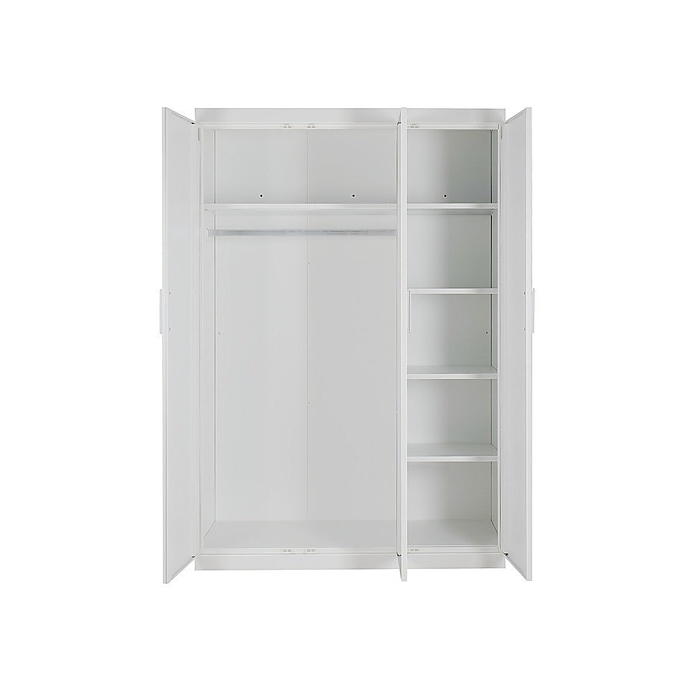 3 Door White Wardrobe – White Handles, Hanging Rail & Shelves