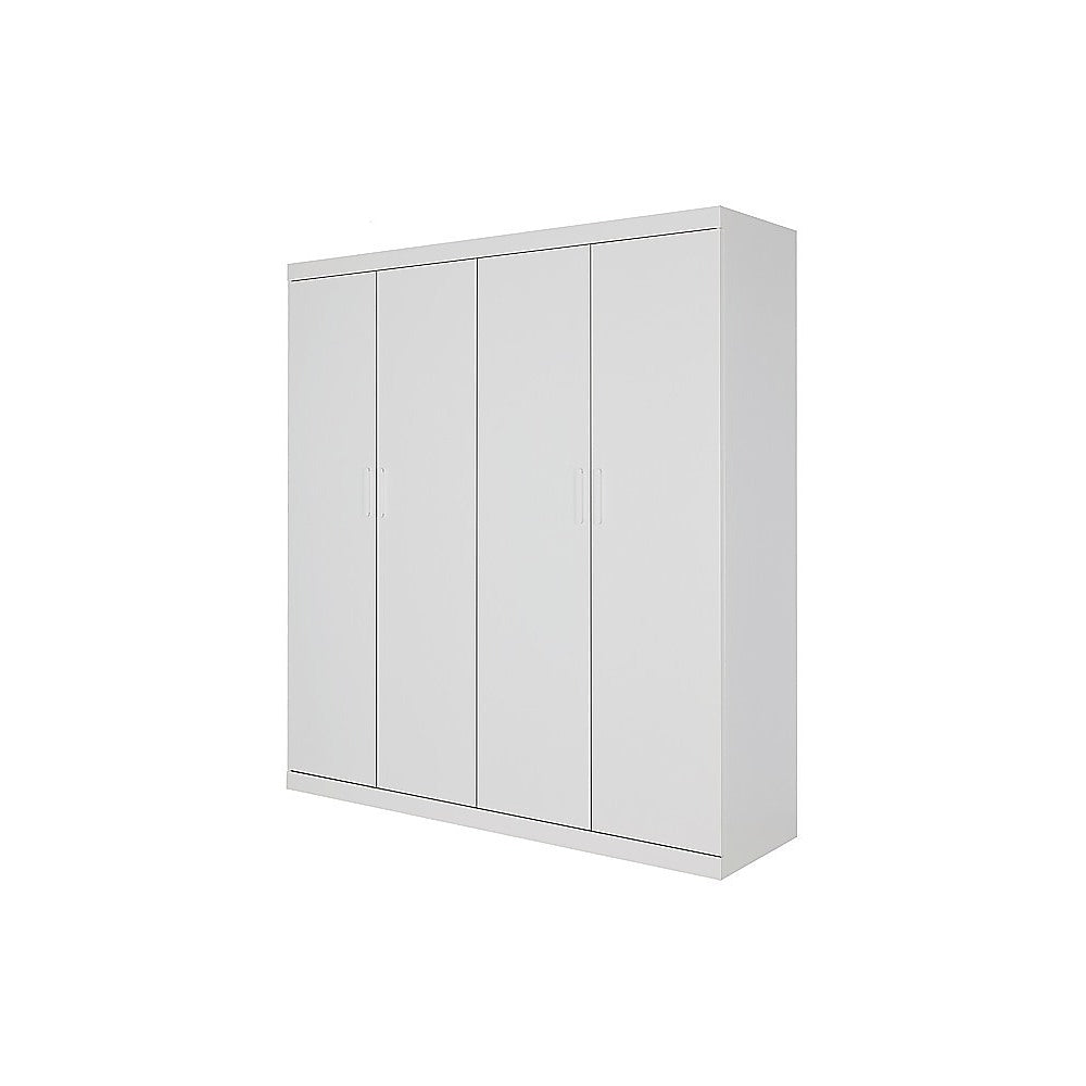 4 Door White Wardrobe Cabinet – Hanging Rail, Shelves & White Handles