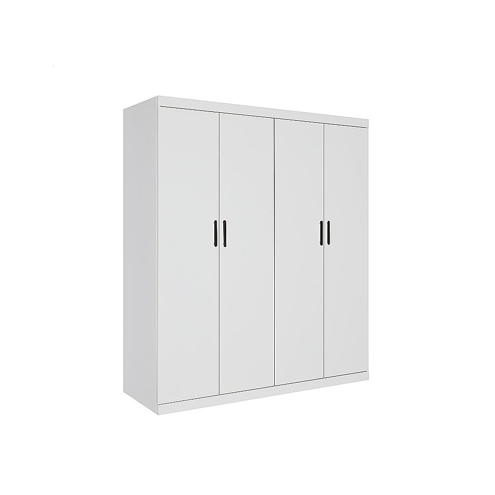 4 Door White Wardrobe Cabinet – Hanging Rail, Shelves & Black Handles