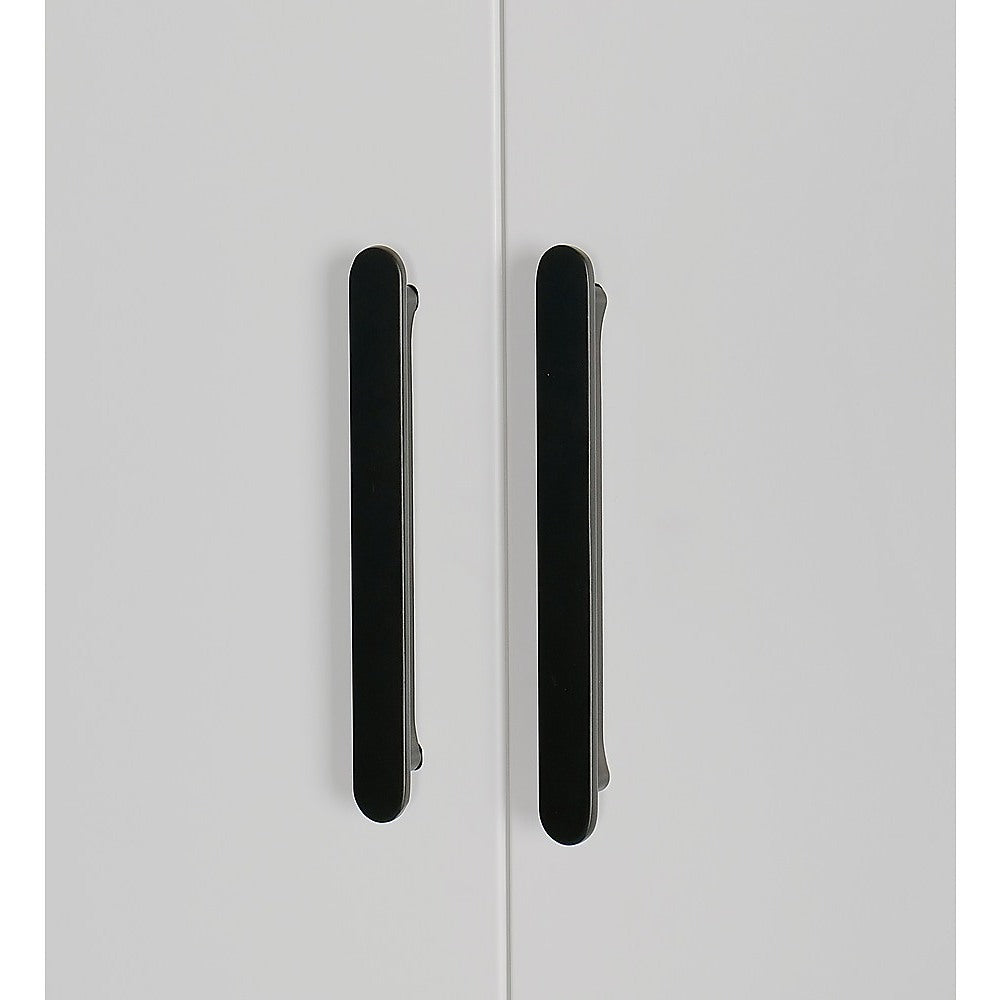 4 Door White Wardrobe Cabinet – Hanging Rail, Shelves & Black Handles