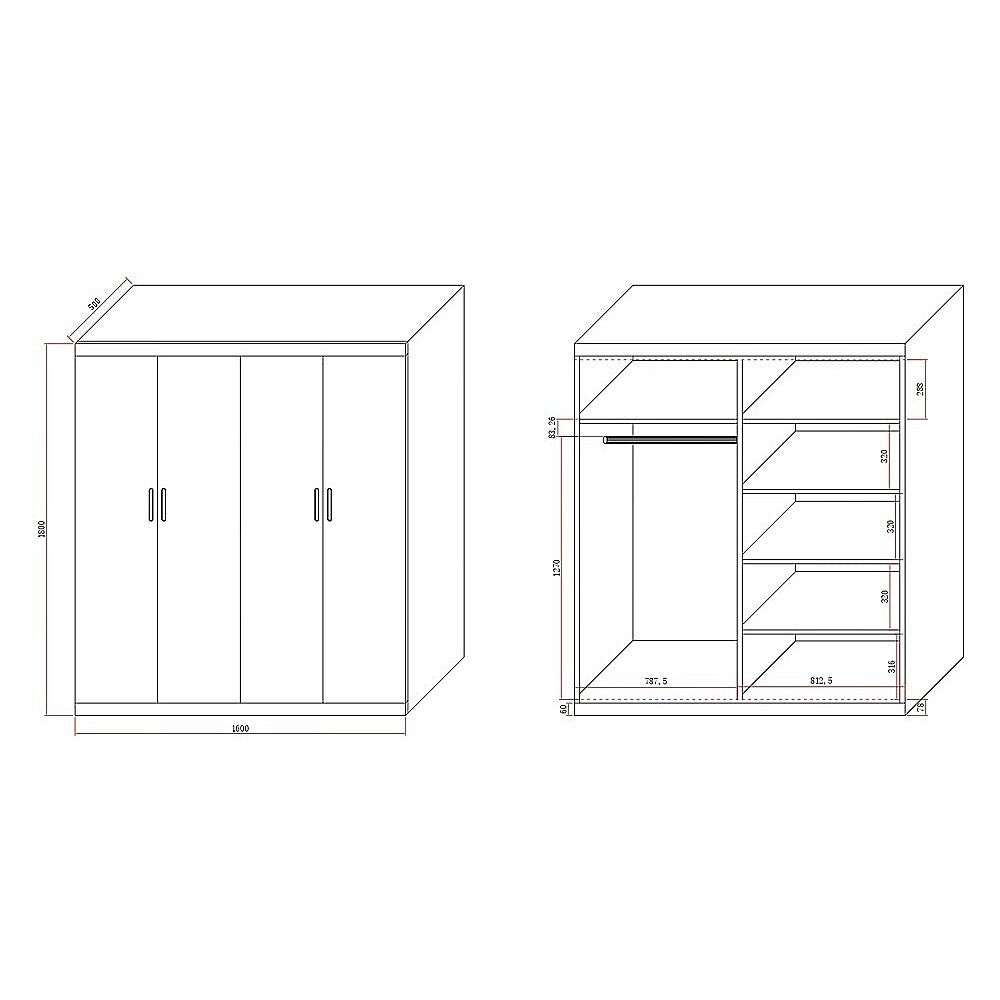 4 Door White Wardrobe Cabinet – Hanging Rail, Shelves & Black Handles