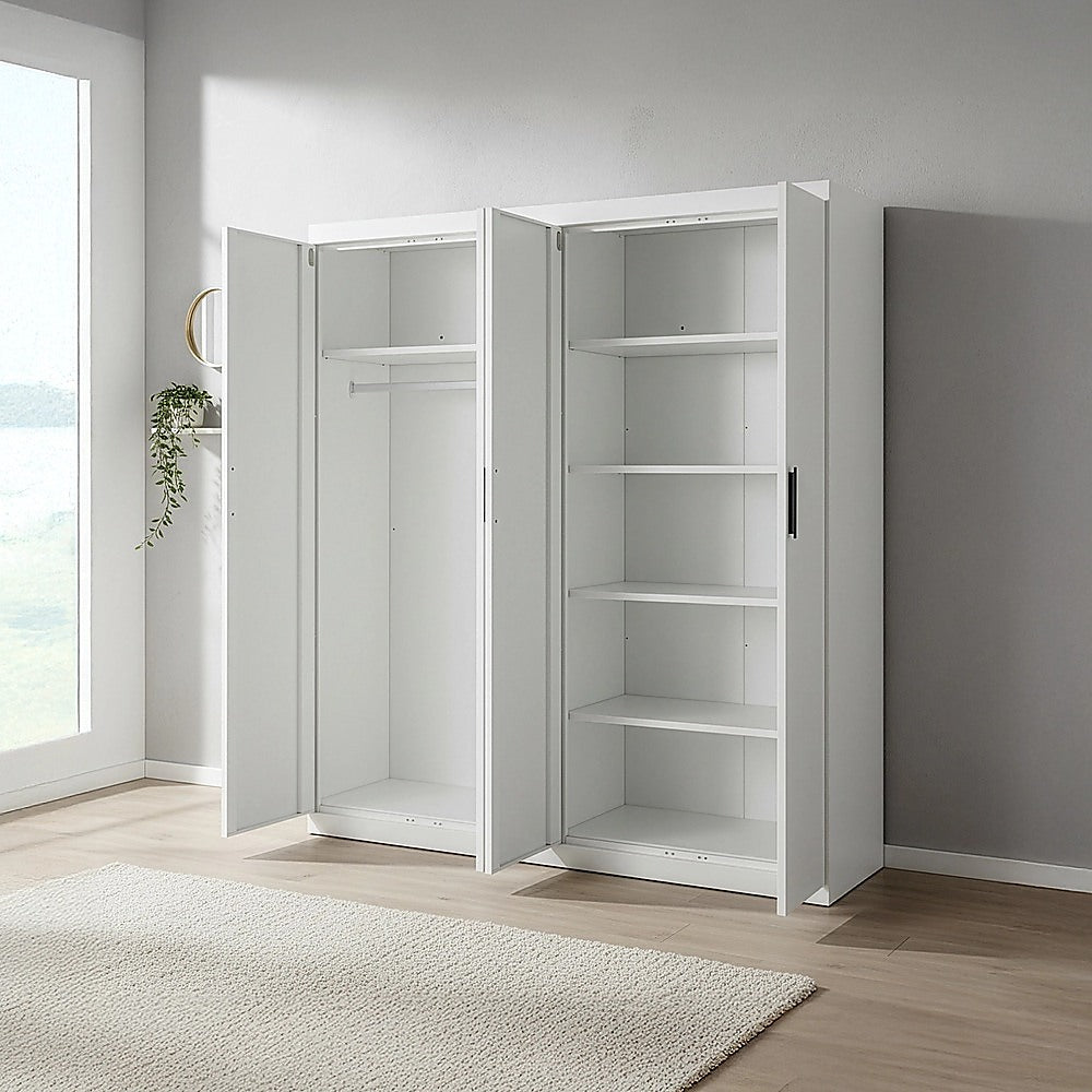 4 Door White Wardrobe Cabinet – Hanging Rail, Shelves & Black Handles