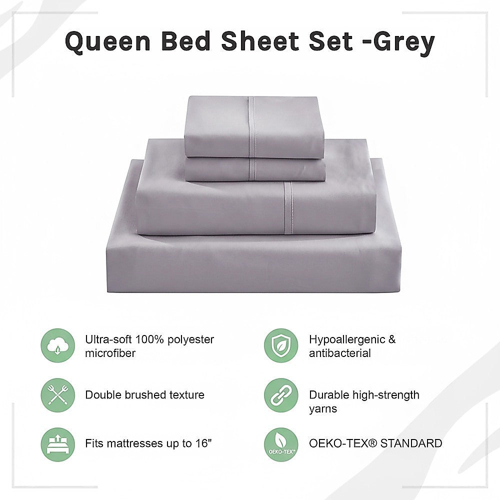 Queen Bed Sheet Set – 1800 Series Microfiber, Deep Pocket, Soft & Breathable, Grey