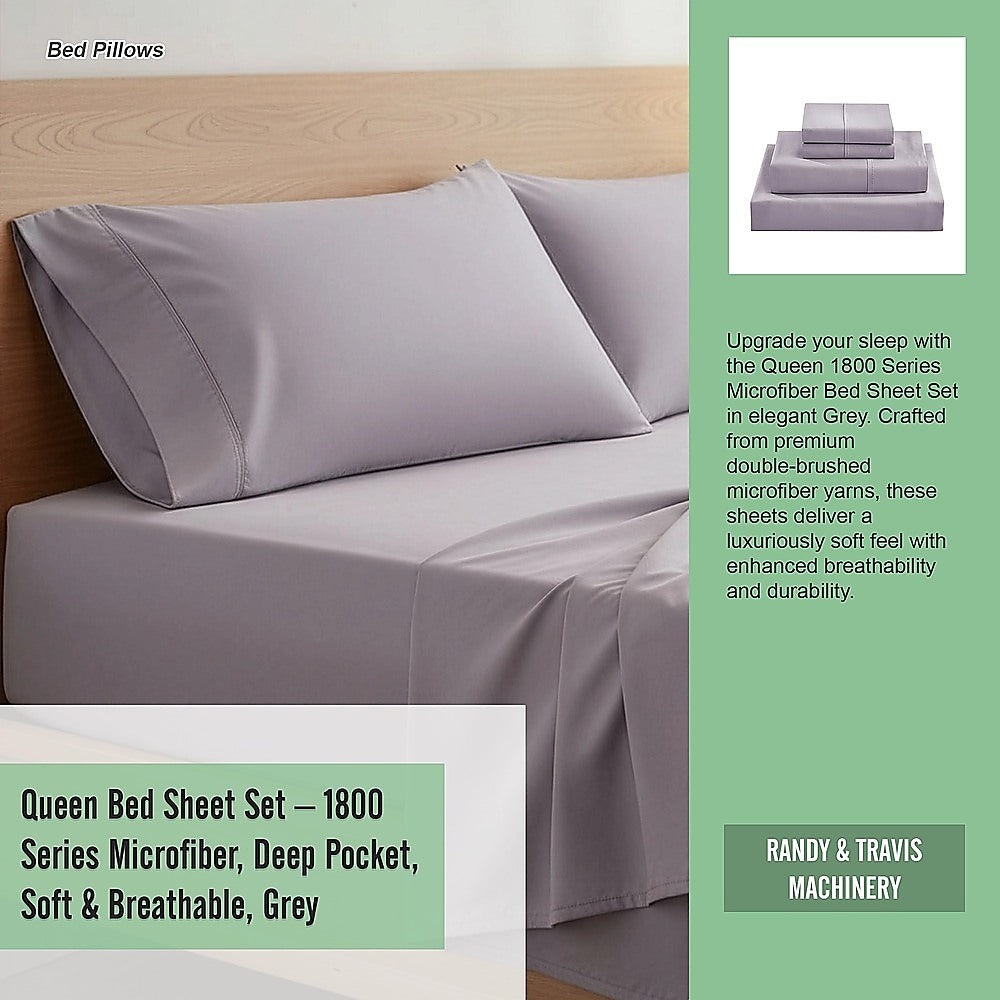 Queen Bed Sheet Set – 1800 Series Microfiber, Deep Pocket, Soft & Breathable, Grey