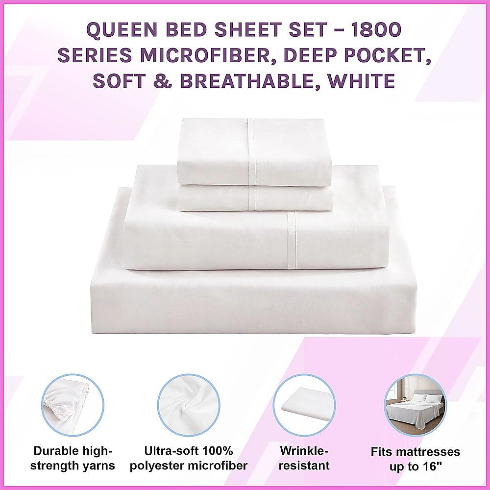 Queen Bed Sheet Set – 1800 Series Microfiber, Deep Pocket, Soft & Breathable, White