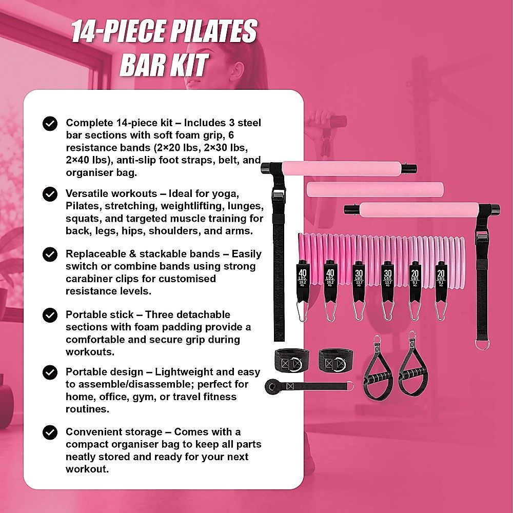 14pc Pilates Bar Kit with Resistance Bands & Belt – Home Fitness Pedal Puller