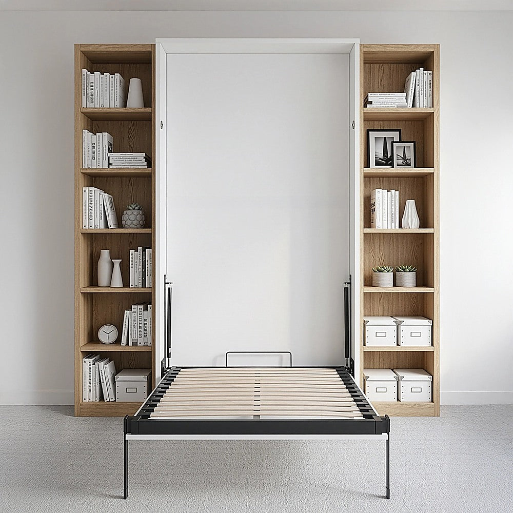 Single Wall Bed in White Gloss – Space Saving Murphy Bed Kit with Black Door Handle